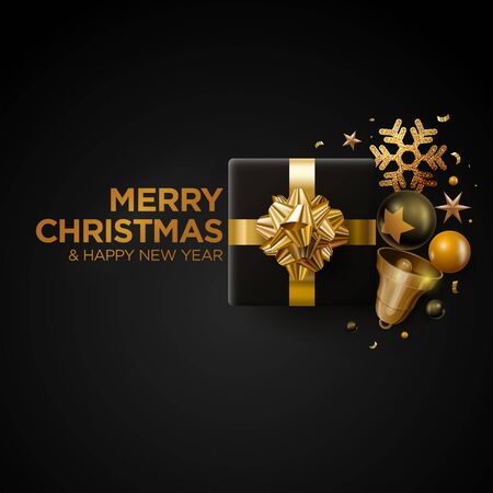 Merry Christmas and New Year greeting card design.  Black and gold color composition. Vector illustration. Elements are layered separately in vector file.のイラスト素材