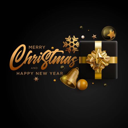 Merry Christmas and New Year greeting card design.  Black and gold color composition. Vector illustration. Elements are layered separately in vector file.のイラスト素材