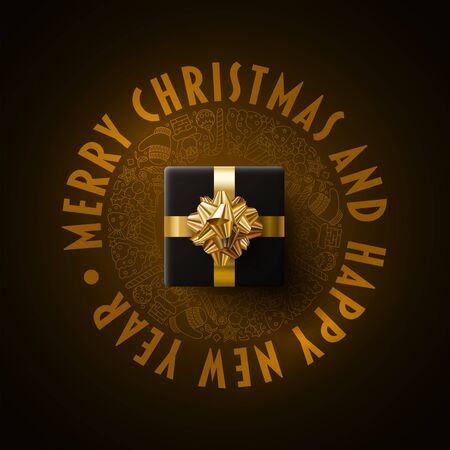 Black gift box on the center. Merry Christmas and New Year greeting card design.  Black and gold color composition. Vector illustration. Elements are layered separately in vector file.のイラスト素材