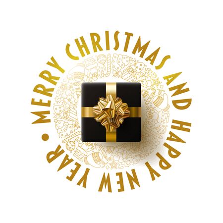 Black and gold gift box Merry Christmas and New Year greeting card design.  White, gold and black color composition. Vector illustration. Elements are layered separately in vector file.のイラスト素材