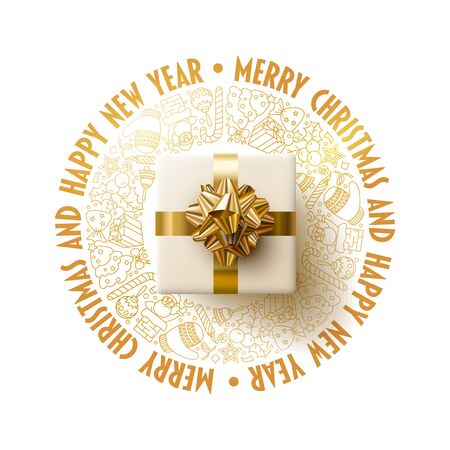 Merry Christmas and New Year greeting card design.  White, gold and black color composition. Vector illustration. Elements are layered separately in vector file.のイラスト素材