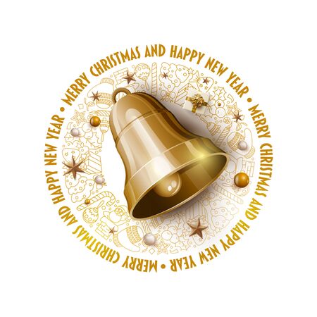Golden Christmas Bell Merry Christmas and New Year greeting card design.  White, gold and black color composition. Vector illustration. Elements are layered separately in vector file.のイラスト素材