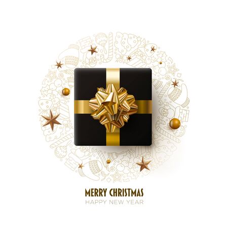Black gift box with golden bow. Merry Christmas and New Year greeting card design.  White, gold and black color composition. Vector illustration. Elements are layered separately in vector file.のイラスト素材