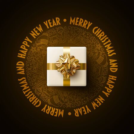 White gift box. Merry Christmas and New Year greeting card design.  Black and gold color composition. Vector illustration. Elements are layered separately in vector file.のイラスト素材