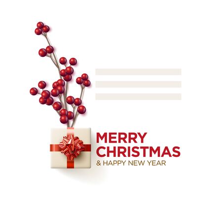 Merry Christmas and New Year greeting card design. Christmas berry branch, gift box and text space. Vector illustration. Elements are layered separately in vector file.のイラスト素材