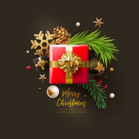 Merry Christmas and New Year greeting card design. Vector illustration. Elements are layered separately in vector file.のイラスト素材