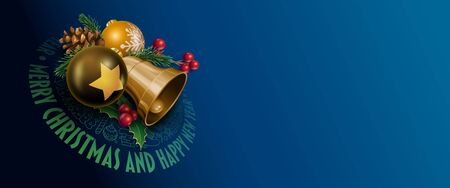 Merry Christmas and Happy New Year greeting card design. Various Christmas objects on blue background. Vector illustration.のイラスト素材