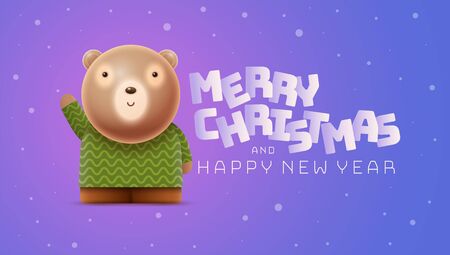Little cute bear and Christmas, New Year greeting. Vector character illustration. Elements are layered separately in vector file.のイラスト素材