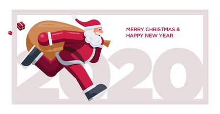 Santa Clausn running year 2020. Vector greeting design for Christmas and New Year 2020のイラスト素材
