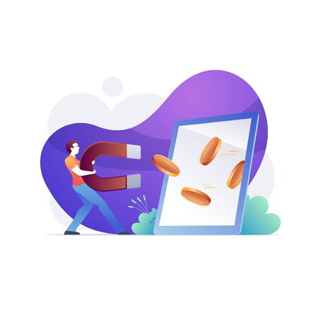 Businessman using a big magnet to attract money from large screen. Financial success, gain, and profit. Bright vibrant purple isolated vector illustration.のイラスト素材