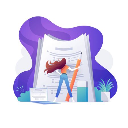 A self-confident woman standing on big papers. Education, exam, poll, success concept. Bright vibrant purple isolated vector illustration.のイラスト素材