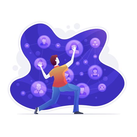 Young businessman is constituting social media analysis and optimization vector concept with icons isolated on purple background. Young businessman is managing social media concept. Analyzing professional audience. Customer analysis, content analytics.のイラスト素材