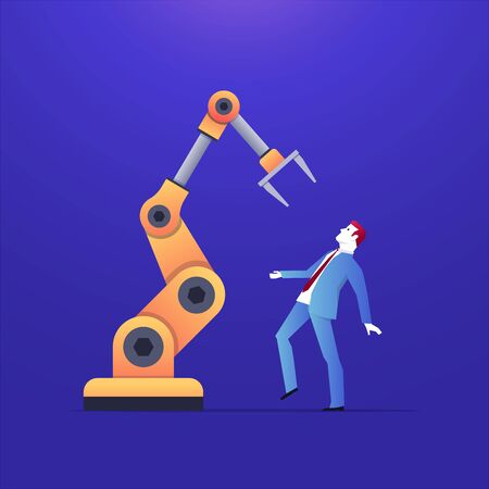 Illustration of how is big the presence of artificial intelligence. The robot is holding the woman by hand. Robots are able to do what people do for work.のイラスト素材