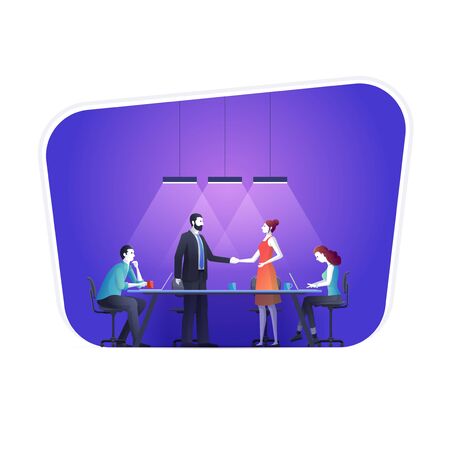 Business concept vector illustration. Corporate business meeting. Business people finishing up a meeting and shaking hands. White backgroundのイラスト素材