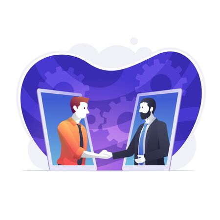 Two businessman shaking hands in smartphone. Online business deal concept vector illustration. のイラスト素材