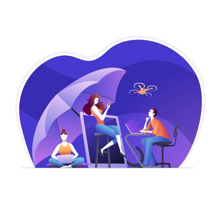 Businesspeople, are using electronic device insurance what they have owned, equipment under umbrella protection. Protection of workers is ensured with the occupational health and safety system. Vector illustrationのイラスト素材