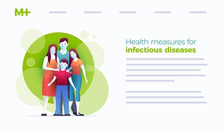 Family is protecting their children and them from virus COVID-19 and are wearing masks and stop the spread of viruses. Coronavirus quarantine. Vector illustration. Website template design.のイラスト素材