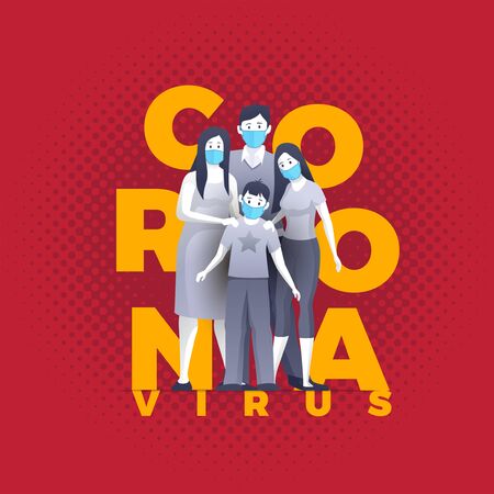 Family is protecting their children and them from virus COVID-19 and are wearing masks and stop the spread of viruses. Coronavirus quarantine. Vector illustration.のイラスト素材