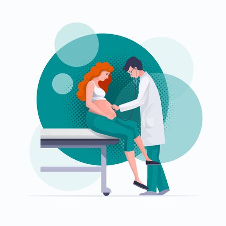 Gynecologist doctor with stethoscope is listening to pregnant woman baby heartbeat. Pregnancy, gynecology, medicine, health care concept vector illustration. Easy editable global colors. Elements are layered separately in vector files.のイラスト素材