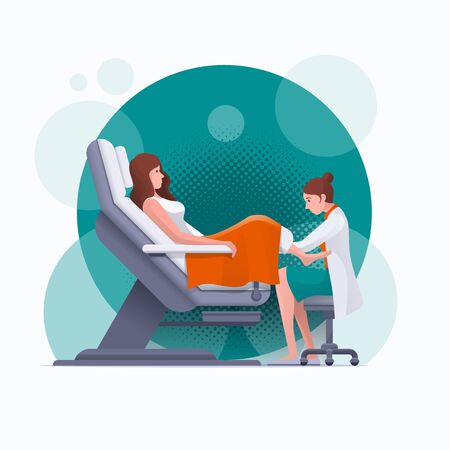 Gynecologist is examined by a patient who is sitting in a gynecological examination chair. Pregnancy, woman, gynecology, medicine, health care concept vector illustration. Easy editable global colors. Elements are layered separately in vector files.のイラスト素材