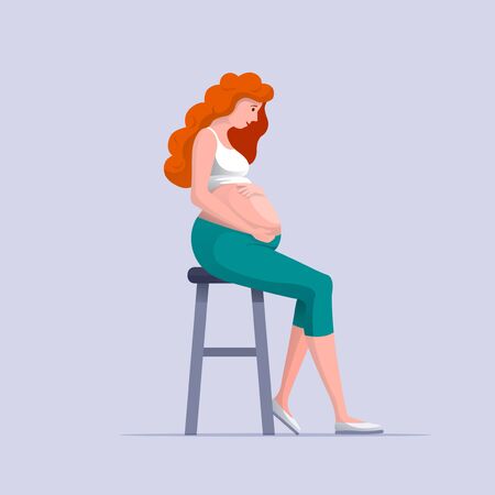 Young pregnant woman holds her hands on her belly. Pregnancy, gynecology, medicine, health care, love concept vector illustration. Easy editable global colors. Elements are layered separately in vector files.のイラスト素材
