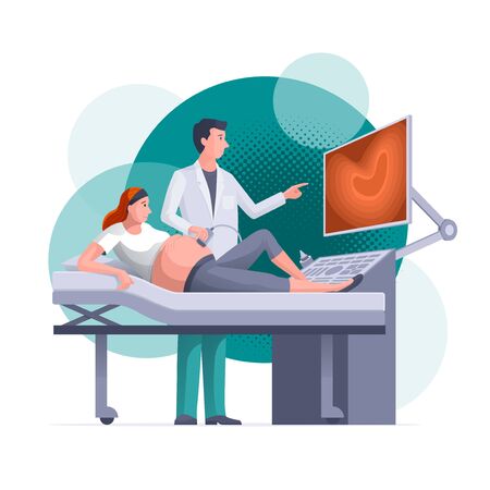Pregnant woman is getting ultrasound scan from obstetrician in clinic. Pregnancy, gynecology, medicine, health care concept vector illustration. Easy editable global colors. Elements are layered separately in vector files.のイラスト素材