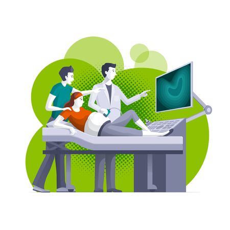 Happy pregnant woman getting ultrasound scan from obstetrician in clinic. Pregnant woman and husband couple doing baby belly sonography scan looking at screen. Pregnancy, gynecology, medicine, health care concept vector illustration.のイラスト素材