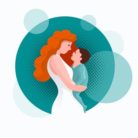 Happy Mother's Day celebration. Mom is hugging her child with a lot of love and tenderness. Mother and baby's beautiful silhouette.のイラスト素材