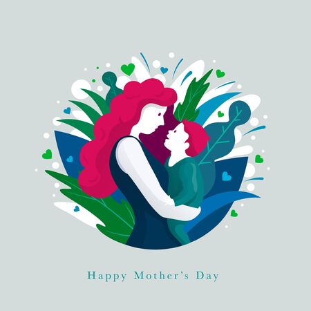 Happy Mother's Day celebration. Mom is hugging her child with a lot of love and tenderness. Mother and baby's beautiful silhouette on light color background.のイラスト素材