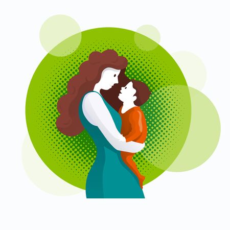 Happy Mother's Day celebration. Mom is hugging her child with a lot of love and tenderness. Mother and baby's beautiful silhouette on green background.のイラスト素材