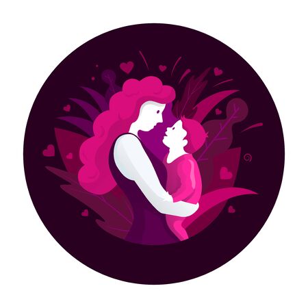 Happy Mother's Day celebration. Mom is hugging her child with a lot of love and tenderness. Mother and baby's beautiful silhouette on purple background.のイラスト素材