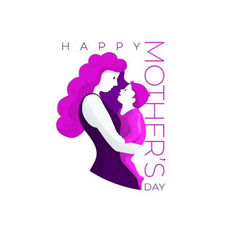 Happy Mother's Day celebration. Mom is hugging her child with a lot of love and tenderness. Mother and baby's beautiful silhouette on green background.のイラスト素材