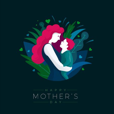 Happy Mother's Day celebration. Mom is hugging her child with a lot of love and tenderness. Mother and baby's beautiful silhouette on dark color background.のイラスト素材