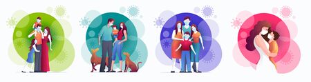 Family is protecting their children and them to virus COVID-19 and are wearing masks and stop the spread of viruses. Coronavirus quarantine. Vector illustration.のイラスト素材