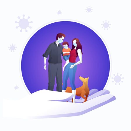 Family is protecting their children and them to virus COVID-19 and are wearing masks and staying at home stop the spread of viruses. Coronavirus quarantine. Vector illustration.のイラスト素材