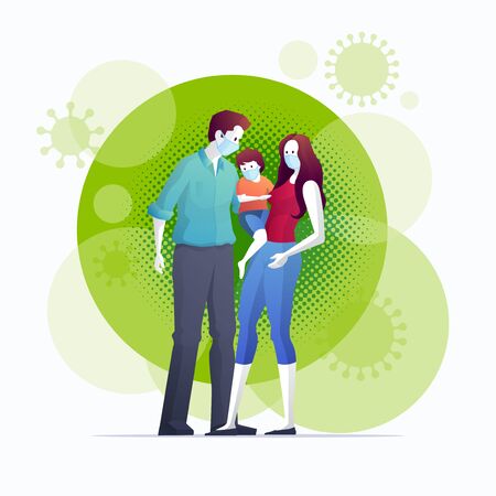 Family is protecting their child and them to virus COVID-19 and are wearing masks and stop the spread of viruses. Coronavirus quarantine. Vector illustration.のイラスト素材
