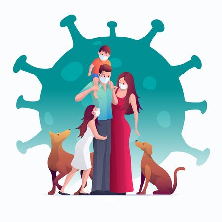 Family is protecting their children and them to virus COVID-19 and are wearing masks and stop the spread of viruses. Coronavirus quarantine. Vector illustration.のイラスト素材
