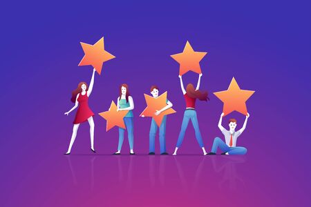 People holding rating stars. Customer reviews concept vector illustration. consumer feedback or customer review evaluation, satisfaction level and positive vote.のイラスト素材