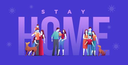 Family is protecting their children and them to virus COVID-19 and are wearing masks and staying and home to stop the spread of viruses. Coronavirus quarantine. Vector illustration.のイラスト素材