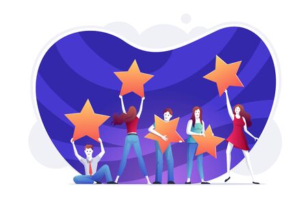 People holding rating stars. Customer reviews concept vector illustration. Consumer feedback or customer review evaluation, satisfaction level and positive vote.のイラスト素材
