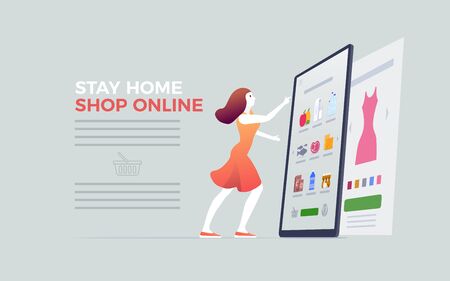 Online shopping on smart phone, digital tablet or laptop. E-commerce concept vector illustration. Stay at home and shop online.のイラスト素材
