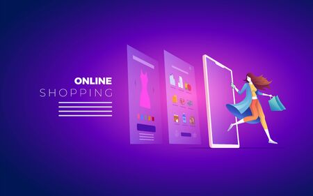 Online shopping on smart phone, digital tablet or laptop. E-commerce concept vector illustration. Stay at home and shop online.のイラスト素材