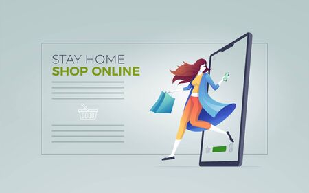 Online shopping on smart phone, digital tablet or laptop. E-commerce concept vector illustration. Stay at home and shop online.のイラスト素材