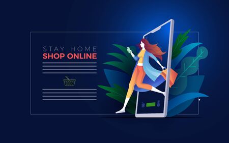 Online shopping on smart phone, digital tablet or laptop. E-commerce concept vector illustration. Stay at home and shop online.のイラスト素材