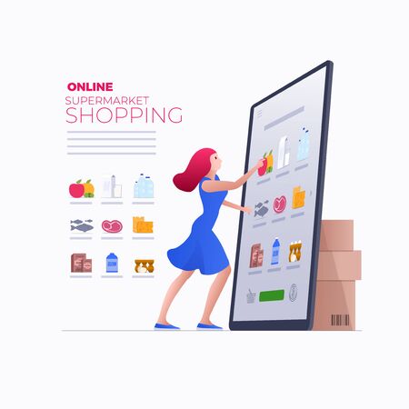 Online shopping on smart phone, digital tablet or laptop. E-commerce concept vector illustration. Stay at home and shop online.のイラスト素材