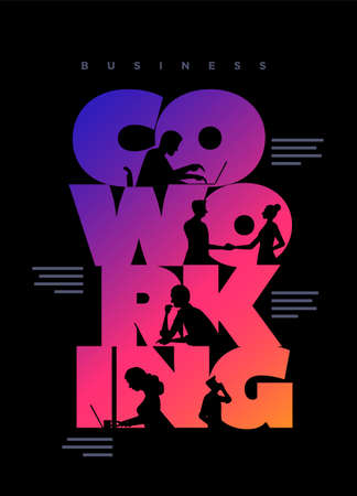 Co-working business concept poster design template. Working silhouette people using laptops and shaking hands in the colorful 'Co-working' word. Vector illustration.のイラスト素材