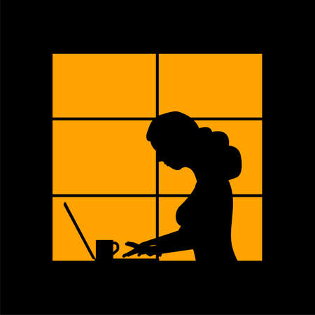 Woman works with laptop late at night. Vector concept illustration.のイラスト素材