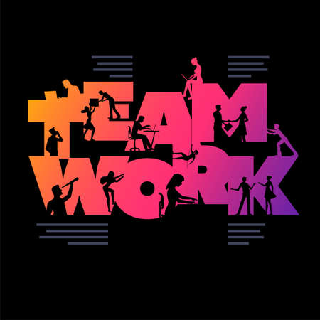 Teamwork business concept poster design template. Working silhouette people using laptops and shaking hands etc. in the colorful 'TEAMWORK' word. Vector illustration.のイラスト素材