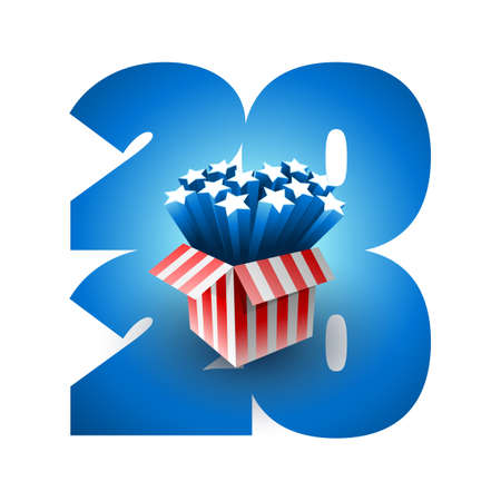 Exploding American stars. Vote 2020 in USA. Typographic vector design. USA debate of president voting. Election voting design. Political election campaign.のイラスト素材