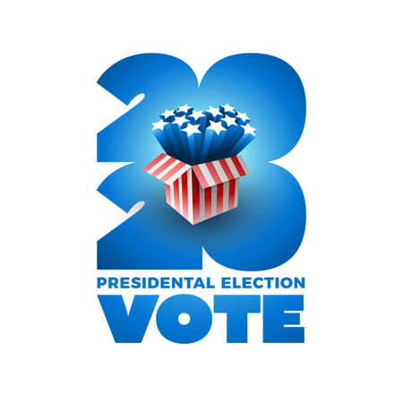 Exploding American stars. Vote 2020 in USA. Typographic vector design. USA debate of president voting. Election voting design. Political election campaign.のイラスト素材